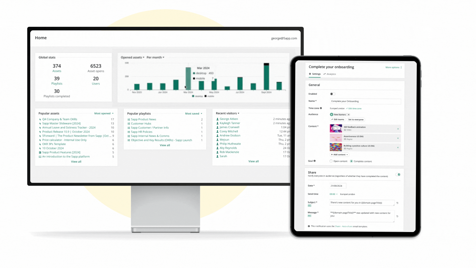 GIF of 5app platform showing admin dashboard and building nudges to automate workflows