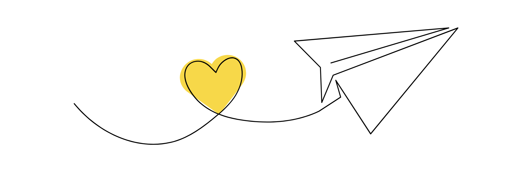 Line drawing of paper aeroplane with yellow heart in centre