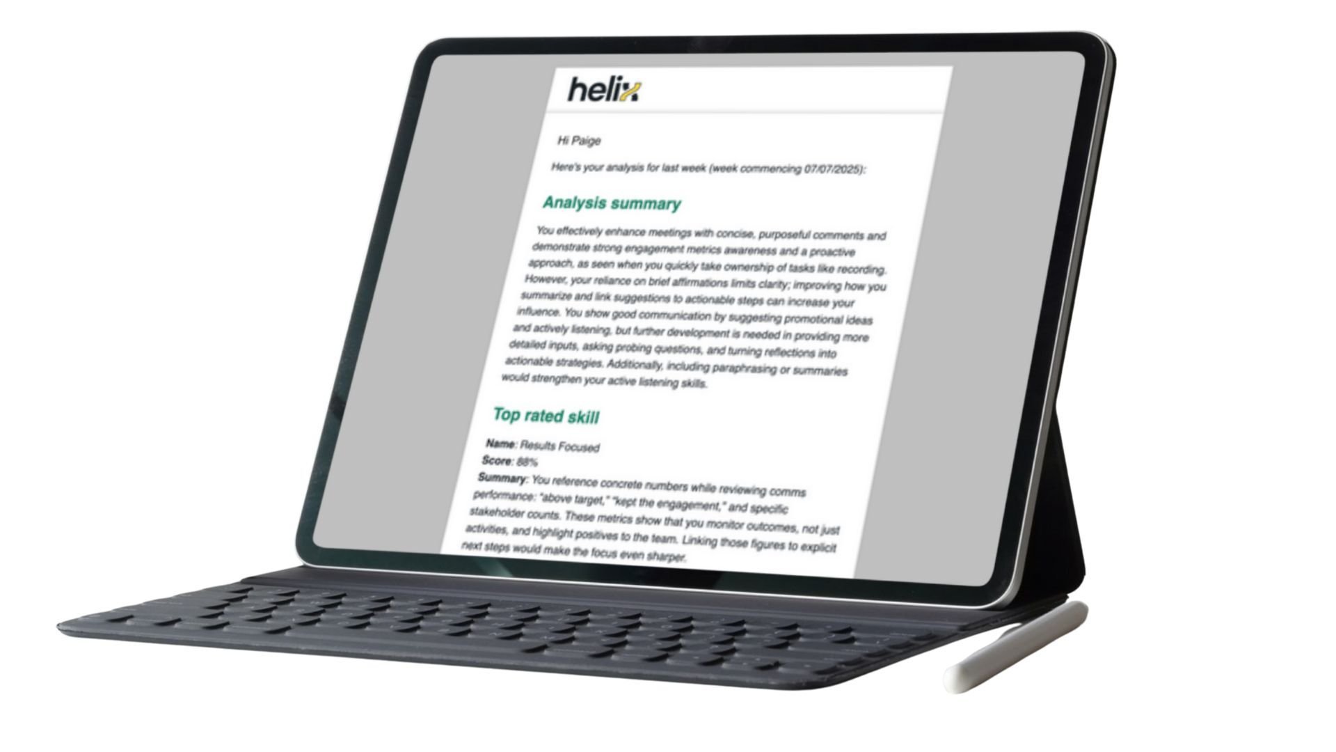 5app's Helix AI skills intelligence platform skill feedback shown on a tablet